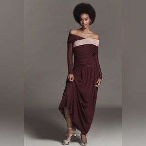 NWT - Anthropologie SOVERE Cascade Long-Sleeve Off-Shoulder Mesh Maxi Dress - L